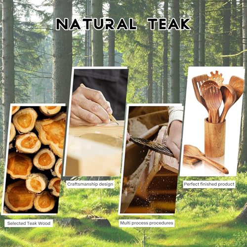 Natural Teak Wooden Spoons for Cooking, 10-Piece Kitchen Utensil Set I607645