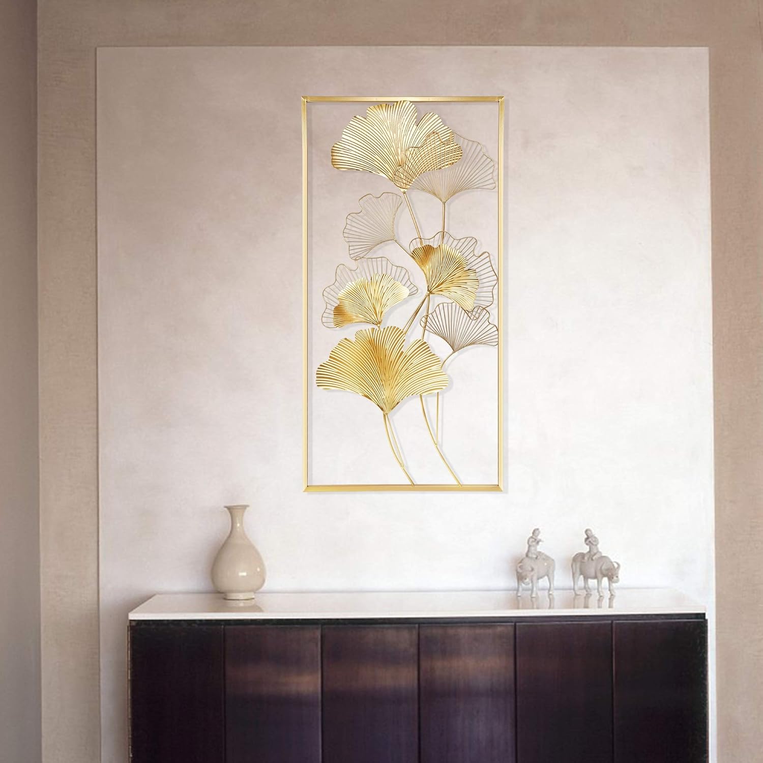 Metal Wall Decor, 39" x 20" Golden Ginkgo Leaf Wall Hanging with Frame G1709