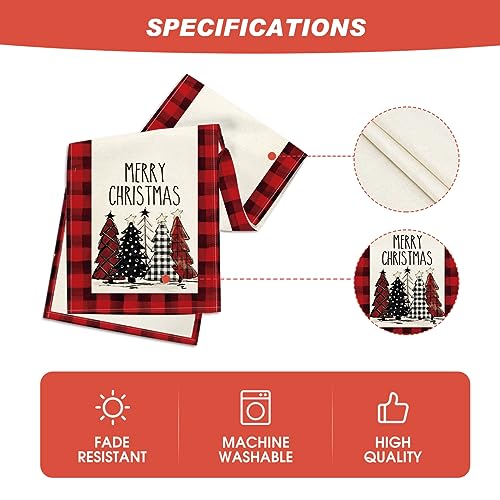 Buffalo Plaid Christmas Trees Table Runner, Winter Holiday Kitchen Dining Decor, 13 x 108 Inch D48516