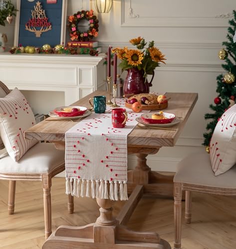 Christmas Table Runner 13 x 90 Inch Cotton Woven with Tassels Red and Beige B398787