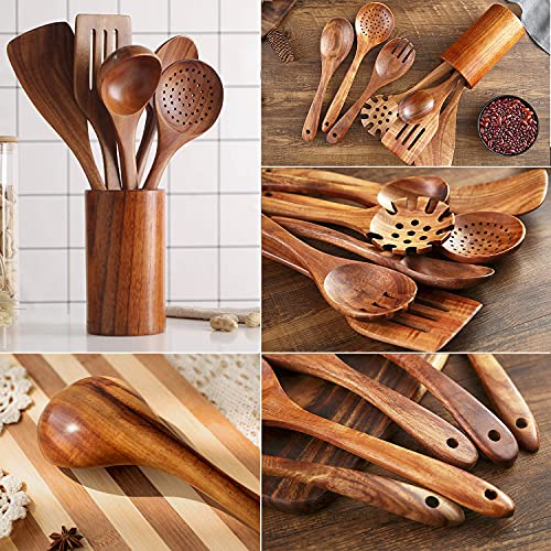 Natural Teak Wooden Spoons for Cooking, 10-Piece Kitchen Utensil Set I607645