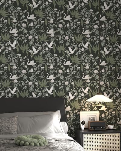 Peel and Stick Wallpaper Dark Green Floral Vintage Bird Self Adhesive Removable O713