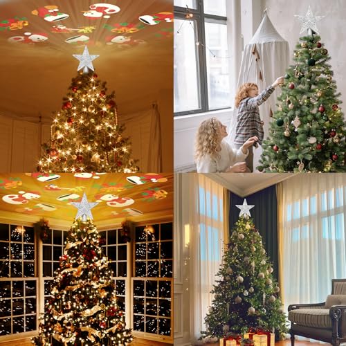 Silver 3D Glitter Christmas Tree Topper with LED Rotating Lights F457326
