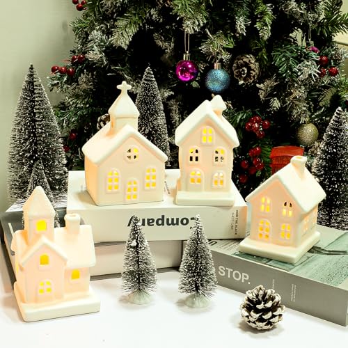 7PCS Christmas Village Sets - 3 LED Lighted Ceramic Houses with Remote & 4 Trees D535
