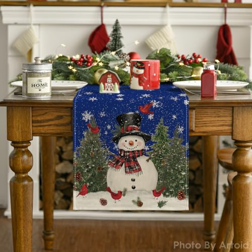Snowman Christmas Birds Trees Table Runner, Winter Holiday Kitchen Dining Decoration, 13 x 72 Inch B443657