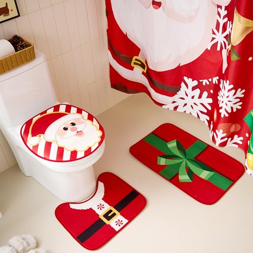 Christmas Bathroom Set with Shower Curtain, Bath Mat, Toilet Cover, Rug & Hooks T26855
