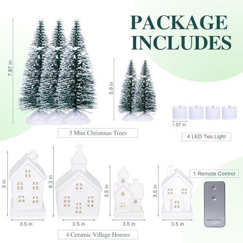 7PCS Christmas Village Sets - 3 LED Lighted Ceramic Houses with Remote & 4 Trees D535
