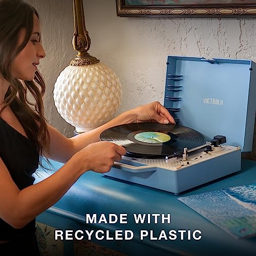 Suitcase Vinyl Record Player, 3-Speed Belt-Driven Bluetooth Turntable, Gray S749