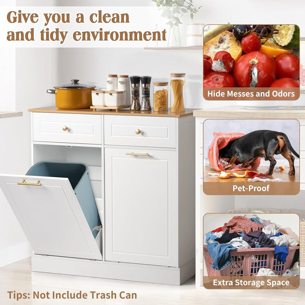 Kitchen Trash Can Cabinet with Drawer and Laundry Hamper, 2 Doors 2 Drawers, White T31625