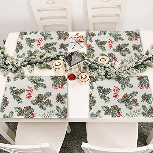 Winter Pine Cone Needle Branch Berry Table Runner, Watercolor Botanical Tabletop Scarf, Christmas Farmhouse Holiday Dining Decoration O823579
