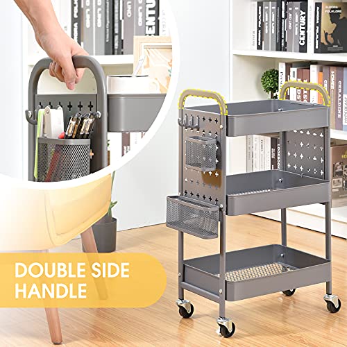 3-Tier Metal Rolling Storage Cart with Pegboards and Baskets S25376