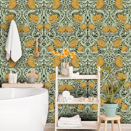 Peel and Stick Wallpaper, Vintage Floral Green Wall Mural, Removable Pre-Pasted D310