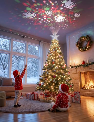 Christmas Tree Topper Lighted Star with 6 Projected Patterns, 3D Hollow Sparkling Star K7783