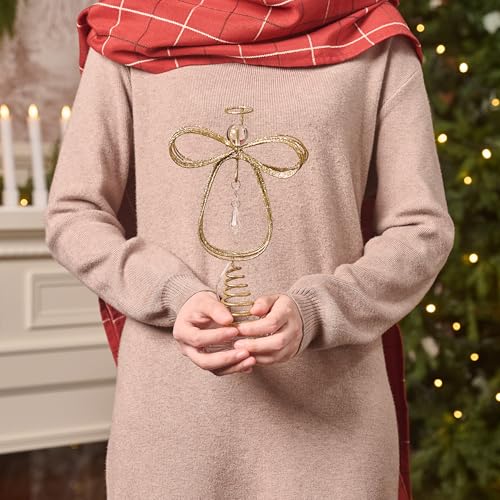 Lighted Christmas Tree Topper Angel with Timer, 10 Inch Pre-Lit Gold Metal V305