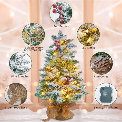 Mini Christmas Tree with 50 LED Lights, 24 Inch Tabletop Prelit Artificial Tree U511