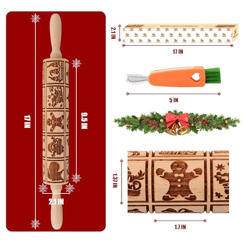 17" Wooden Rolling Pin for Baking with Christmas Embossed Designs, 3mm Deep Cookie Molds, Includes Cleaning Brush L8431