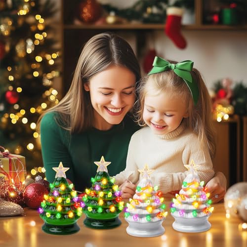 5 Inch Mini Ceramic Christmas Tree Set - 4 Pack Pre-lit Tabletop with Multicolored LED Lights Y881548