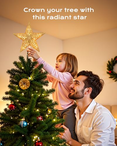 Christmas Star Tree Topper Lighted 3D Gold Pentagram with 10 Bulbs Plug In B67124