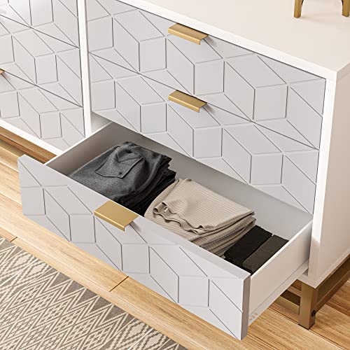 White 6 Drawer Dresser for Bedroom, Modern Wood Chest with Metal Legs G697