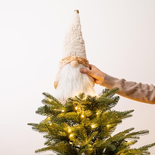 Lighted Christmas Tree Topper Gnome with Timer, 16.5 Inch White and Gold, Battery Operated B444