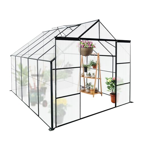 8x10FT Walk-in Greenhouse with Double Sliding Doors, Polycarbonate Panels, Aluminum Frame H7634