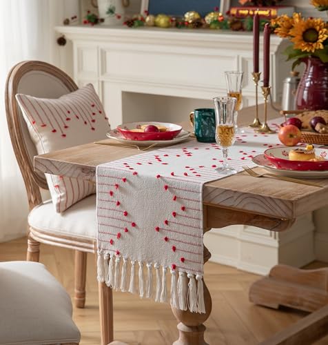 Christmas Table Runner 13 x 90 Inch Cotton Woven with Tassels Red and Beige B398787