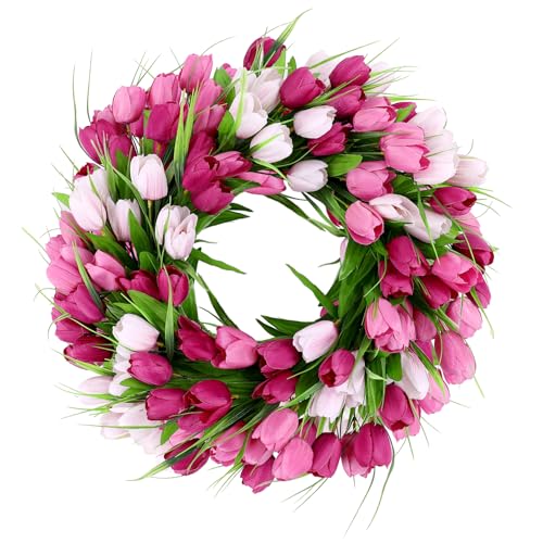 U'Artlines 20Inch Tulip Wreath for Front Door, Spring Summer Silk Wreath with Green Leaves Artificial Tulip Flower Wreaths for All Seasons Window Wall Wedding Valentines Day Decor