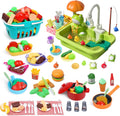 CUTE STONE Play Sink with Running Water, Kitchen Sink Toys with Upgraded Electric Faucet, Kids Pots and Pans Set with Play Food and Storage Basket, Learning Kitchen Toy Gift for Girl Boy