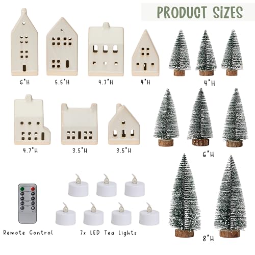 Christmas Village Set with 7 Ceramic Houses, LED Lights and 8 Snow Trees Y449
