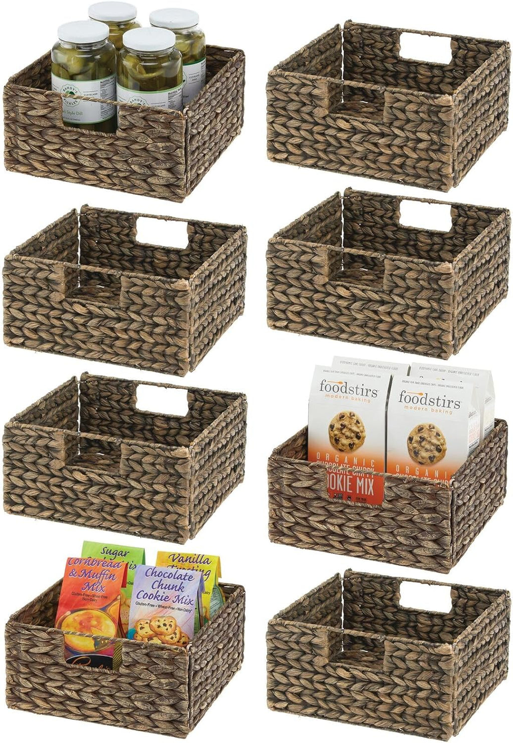 mDesign Square Woven Hyacinth Bin Basket Organizer with Handles - Foldable Storage for Organizing Kitchen Pantry, Cabinet, Cupboard, Cube Shelves - Holds Food, Drinks, Snacks - 8 Pack - Brown Wash