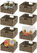 mDesign Square Woven Hyacinth Bin Basket Organizer with Handles - Foldable Storage for Organizing Kitchen Pantry, Cabinet, Cupboard, Cube Shelves - Holds Food, Drinks, Snacks - 8 Pack - Brown Wash