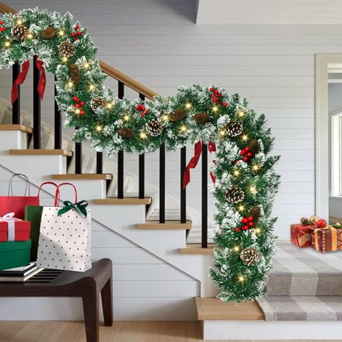 Christmas garland with lights, 9ft pre-lit for stairs and mantle I297