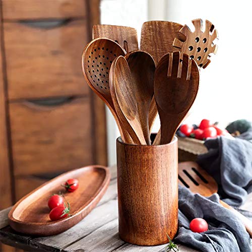Natural Teak Wooden Spoons for Cooking, 10-Piece Kitchen Utensil Set I607645