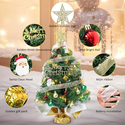 Mini Christmas Tree with 50 LED Lights, 24 Inch Tabletop Prelit Artificial Tree U511