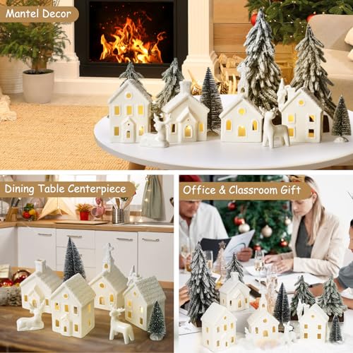 Christmas Village Set with 4 Lighted Ceramic Houses, 2 Trees, 2 Deer & Santa Y953107