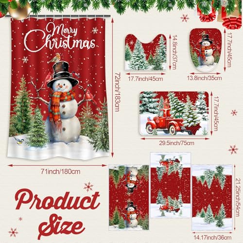 7 Pcs Christmas Shower Curtain Set with U Shape Rugs, Toilet Cover and 3 Towels W9950