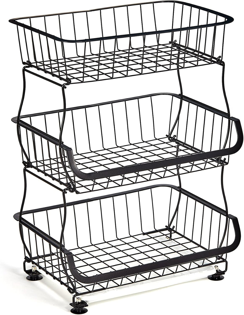 FANWU 3 Tier Fruit Basket Stand, Fruit and Vegetable Storage Cart, Wire Storage Basket with Wheels, Metal Stackable Snack Organizer, Potatoes Onions Produce Storage Bins Rack for Kitchen, Pantry (Black-3-Tier Storage Baskets)