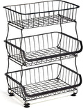FANWU 3 Tier Fruit Basket Stand, Fruit and Vegetable Storage Cart, Wire Storage Basket with Wheels, Metal Stackable Snack Organizer, Potatoes Onions Produce Storage Bins Rack for Kitchen, Pantry (Black-3-Tier Storage Baskets)