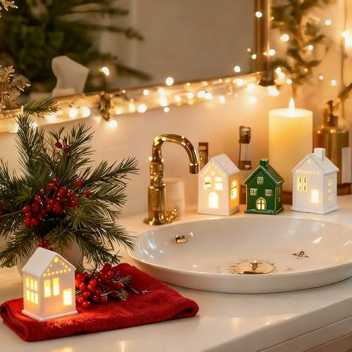 Ceramic Christmas Village Houses LED Lighted Set for Tabletop Mantel Decor K3883