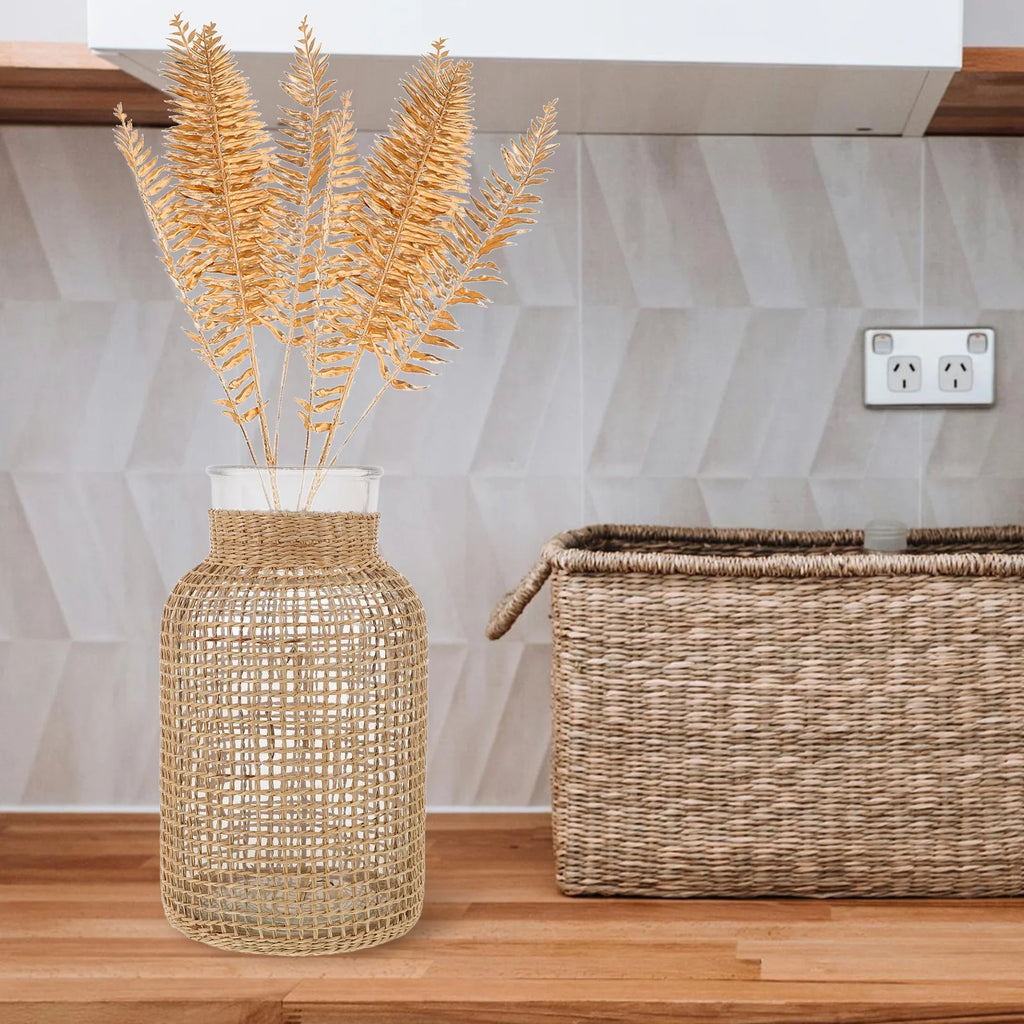 Rattan Glass Vase Flower Pot Centerpiece M5394