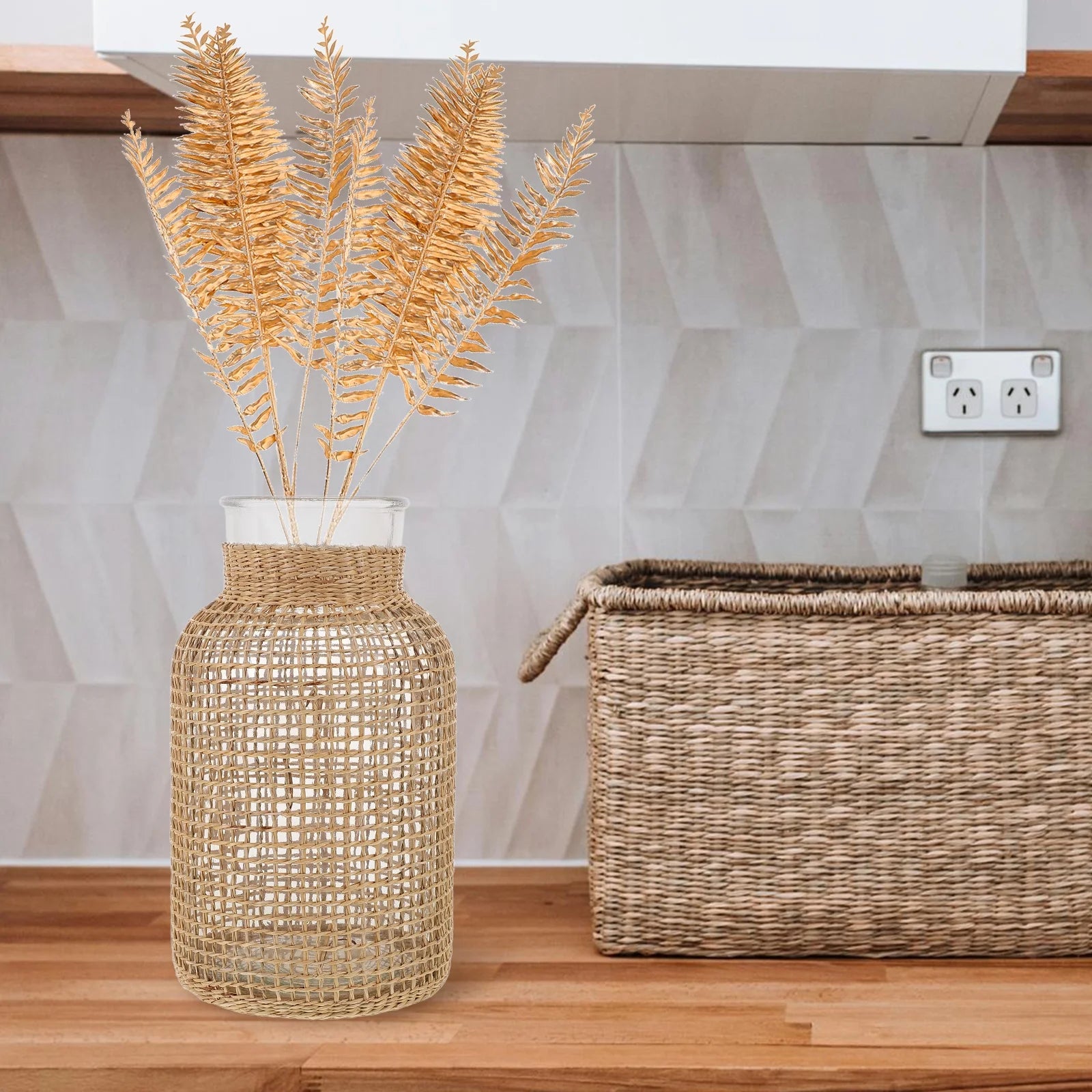Rattan Glass Vase Flower Pot Centerpiece M5394
