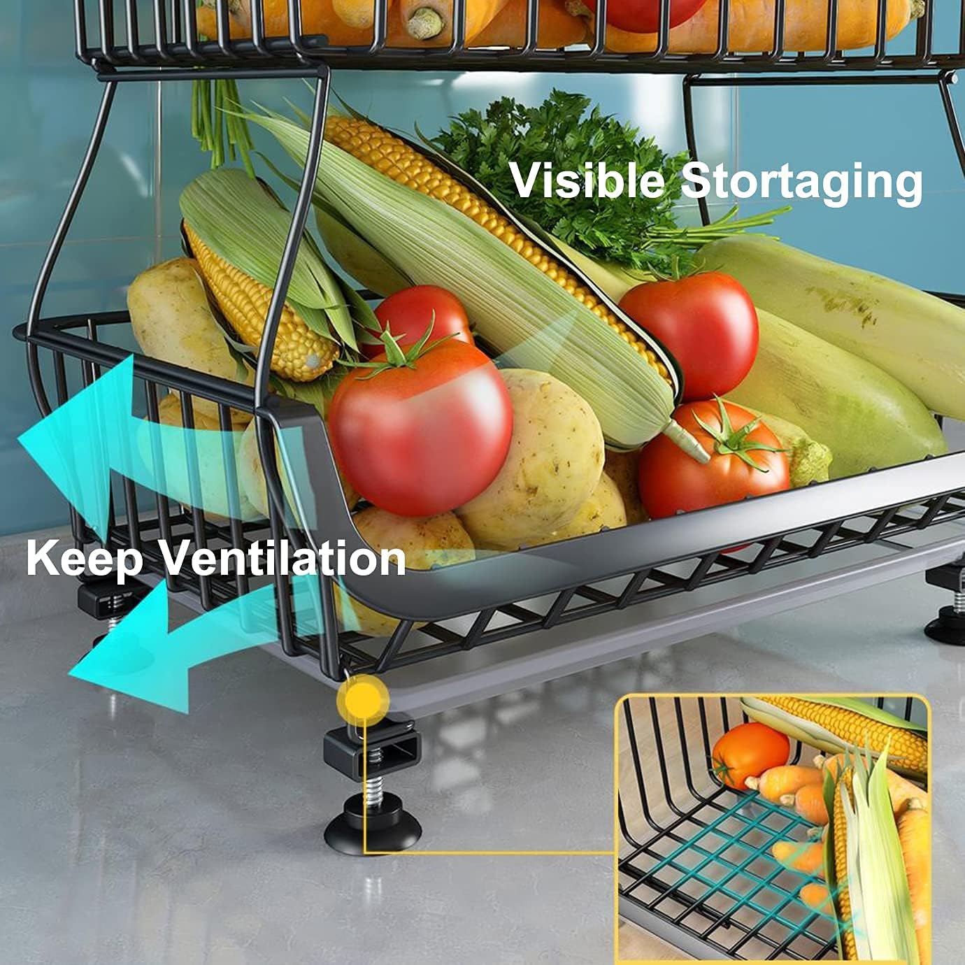 3 Tier Fruit Basket Stand with Wheels, Metal Storage Cart for Kitchen Pantry E464