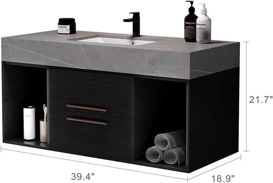 Bathroom Vanity with Sink, 39.4 Inches, Floating Design, 2 Cabinets, 2 Drawers T322486
