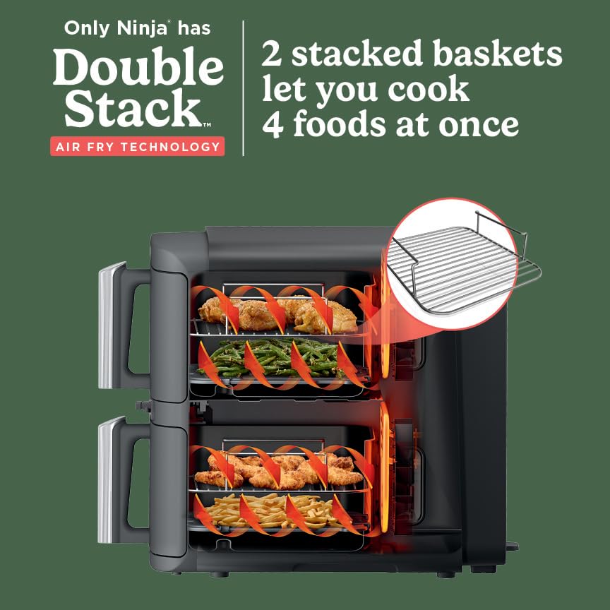 Air Fryer, 8 QT DoubleStack 2-Basket, Space Saving Design, 6-in-1, Roast & Bake, Dishwasher Safe Parts, Black N43591