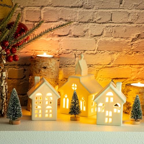7PCS Christmas Village Sets - 3 LED Lighted Ceramic Houses with Remote & 4 Trees D535