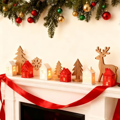 Ceramic Christmas Village Houses LED Lighted Set for Tabletop Mantel Decor K3883