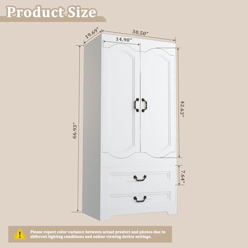2 Door Wardrobe with 2 Drawer, White Vintage Armoire with Clothing Rod, 67" Tall Wooden Closet Cabinet for Bedroom C405
