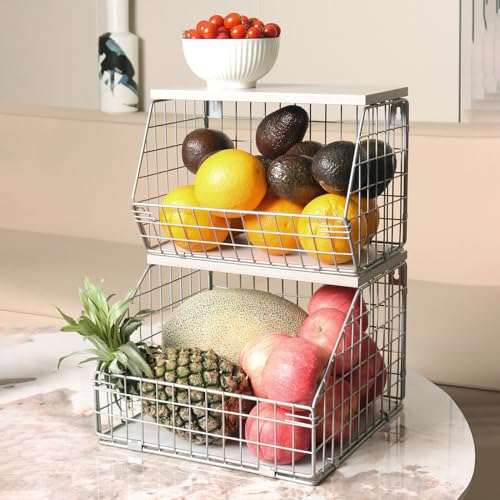 Stackable Wall Mounted Wire Fruit Basket with Wood Lid, 2-Tier Vegetable Organizer for Kitchen M64958