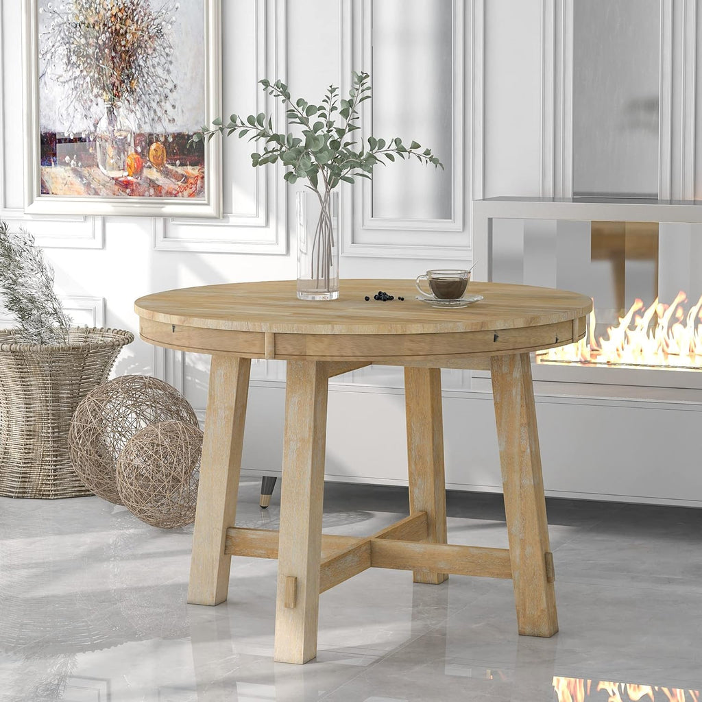 Gecheer Farmhouse Round Extendable Dining Table with 16" Leaf Wood Kitchen Table (Natural Wood Wash)