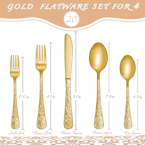 Gold Stainless Steel 20 Piece Flatware Set with Fork Spoon and Knife T960